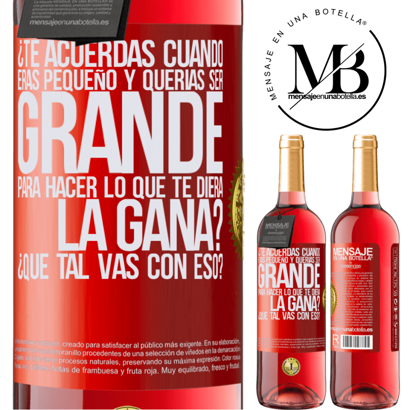 29,95 € Envío gratis | Vino Rosado Edición ROSÉ ¿Te acuerdas cuando eras pequeño y querías ser grande para hacer lo que te diera la gana? ¿Qué tal vas con eso? Etiqueta Roja. Etiqueta personalizable Vino joven Cosecha 2024 Tempranillo