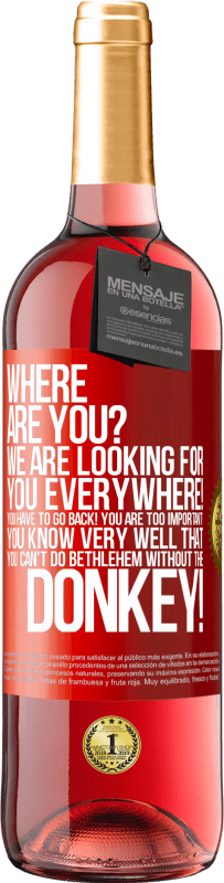 29,95 € Free Shipping | Rosé Wine ROSÉ Edition Where are you? We are looking for you everywhere! You have to go back! You are too important! You know very well that you Red Label. Customizable label Young wine Harvest 2025 Tempranillo