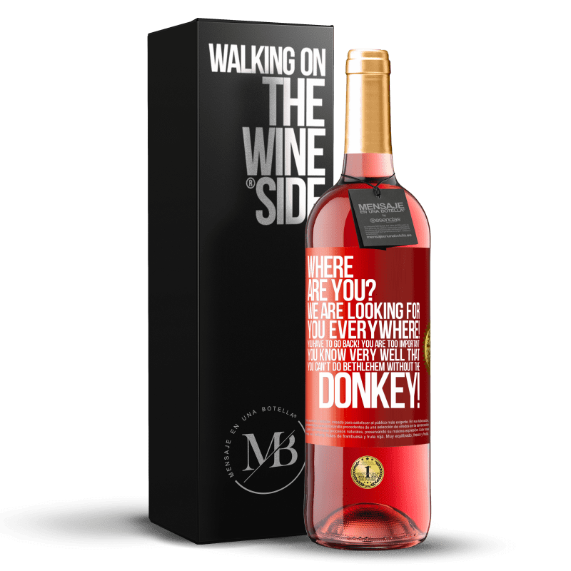 29,95 € Free Shipping | Rosé Wine ROSÉ Edition Where are you? We are looking for you everywhere! You have to go back! You are too important! You know very well that you Red Label. Customizable label Young wine Harvest 2021 Tempranillo