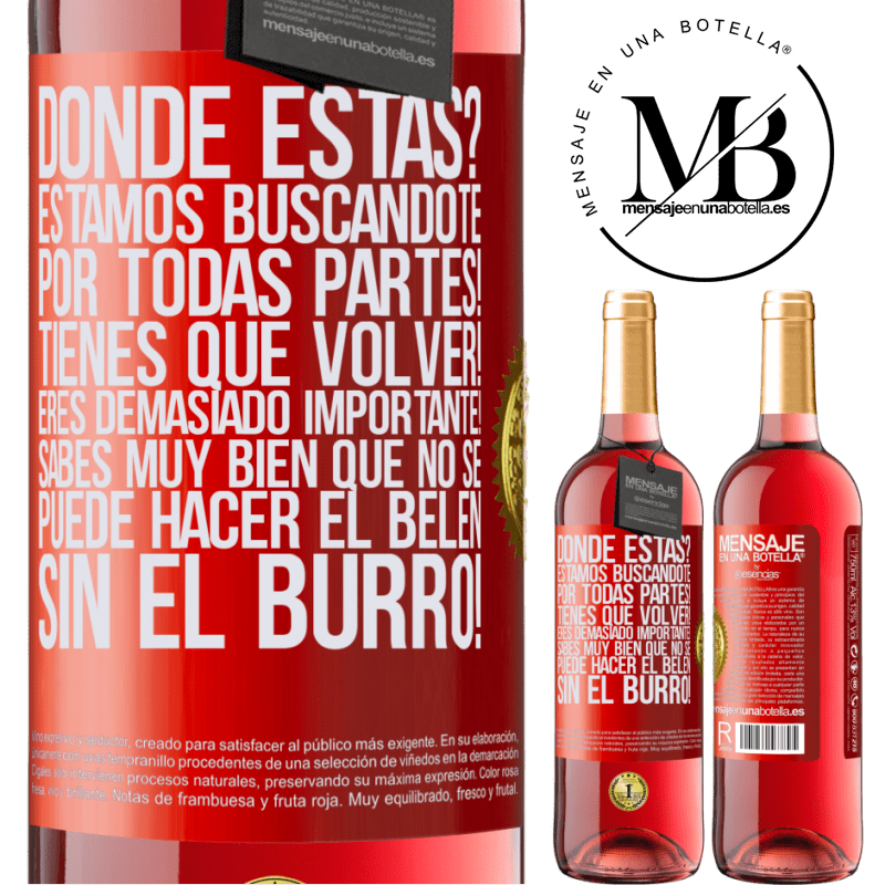 29,95 € Envío gratis | Vino Rosado Edición ROSÉ Dónde estás? Estamos buscándote por todas partes! Tienes que volver! Eres demasiado importante! Sabes muy bien que no se Etiqueta Roja. Etiqueta personalizable Vino joven Cosecha 2023 Tempranillo