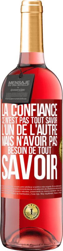 29,95 € | Vin rosé Édition ROSÉ La confiance ce n'est pas tout savoir l'un de l'autre, mais n'avoir pas besoin de tout savoir Étiquette Rouge. Étiquette personnalisable Vin jeune Récolte 2024 Tempranillo