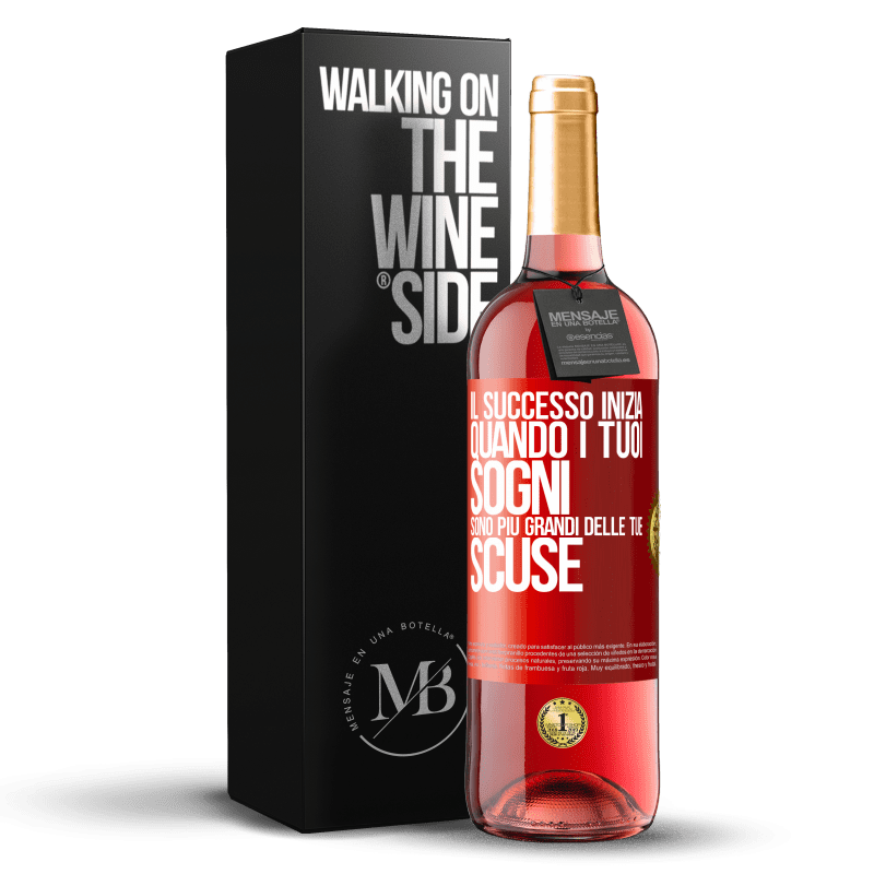 29,95 € Spedizione Gratuita | Vino rosato Edizione ROSÉ Il successo inizia quando i tuoi sogni sono più grandi delle tue scuse Etichetta Rossa. Etichetta personalizzabile Vino giovane Raccogliere 2025 Tempranillo