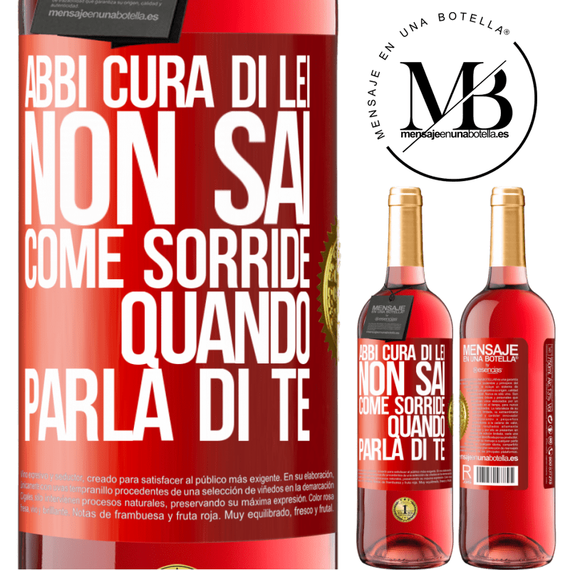29,95 € Spedizione Gratuita | Vino rosato Edizione ROSÉ Abbi cura di lei. Non sai come sorride quando parla di te Etichetta Rossa. Etichetta personalizzabile Vino giovane Raccogliere 2024 Tempranillo