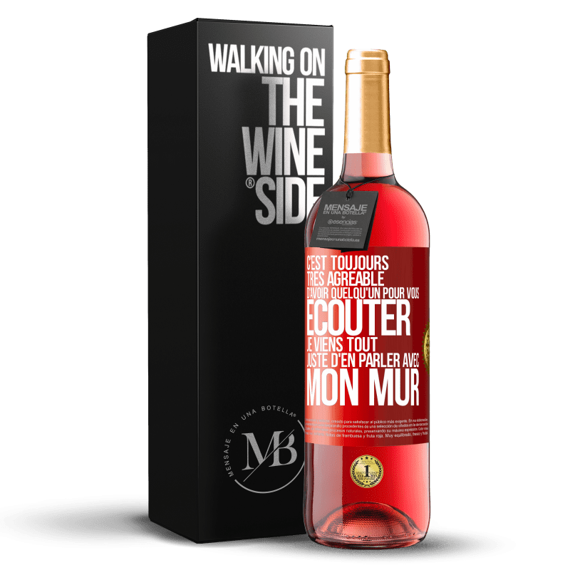 29,95 € Envoi gratuit | Vin rosé Édition ROSÉ C'est toujours très agréable d'avoir quelqu'un pour vous écouter. Je viens tout juste d'en parler avec mon mur Étiquette Rouge. Étiquette personnalisable Vin jeune Récolte 2023 Tempranillo