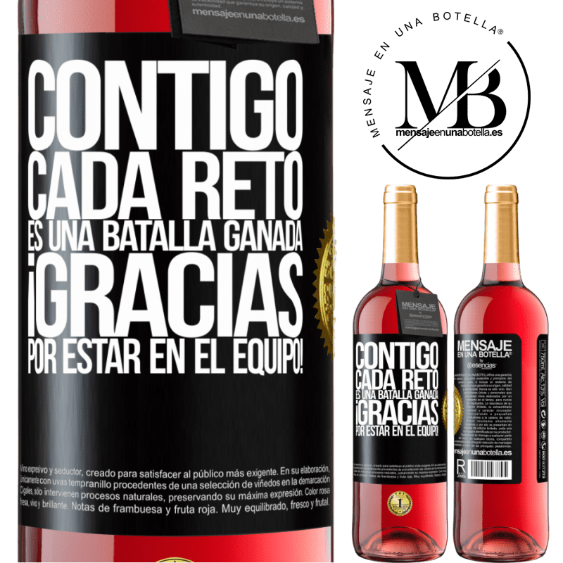 29,95 € Envío gratis | Vino Rosado Edición ROSÉ Contigo cada reto es una batalla ganada. Gracias por estar en el equipo! Etiqueta Negra. Etiqueta personalizable Vino joven Cosecha 2024 Tempranillo
