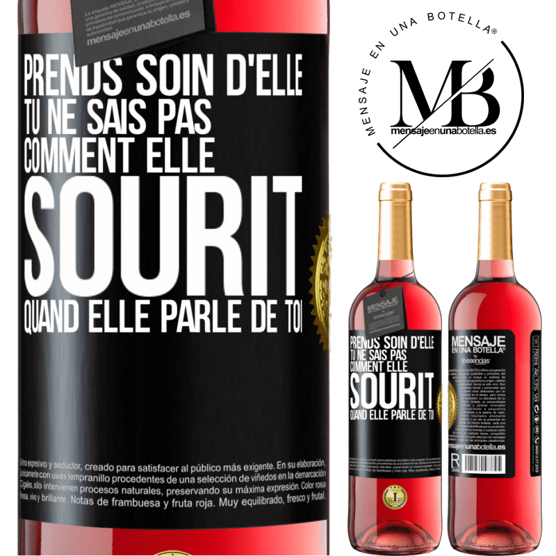 29,95 € Envoi gratuit | Vin rosé Édition ROSÉ Prends soin d'elle. Tu ne sais pas comment elle sourit quand elle parle de toi Étiquette Noire. Étiquette personnalisable Vin jeune Récolte 2024 Tempranillo