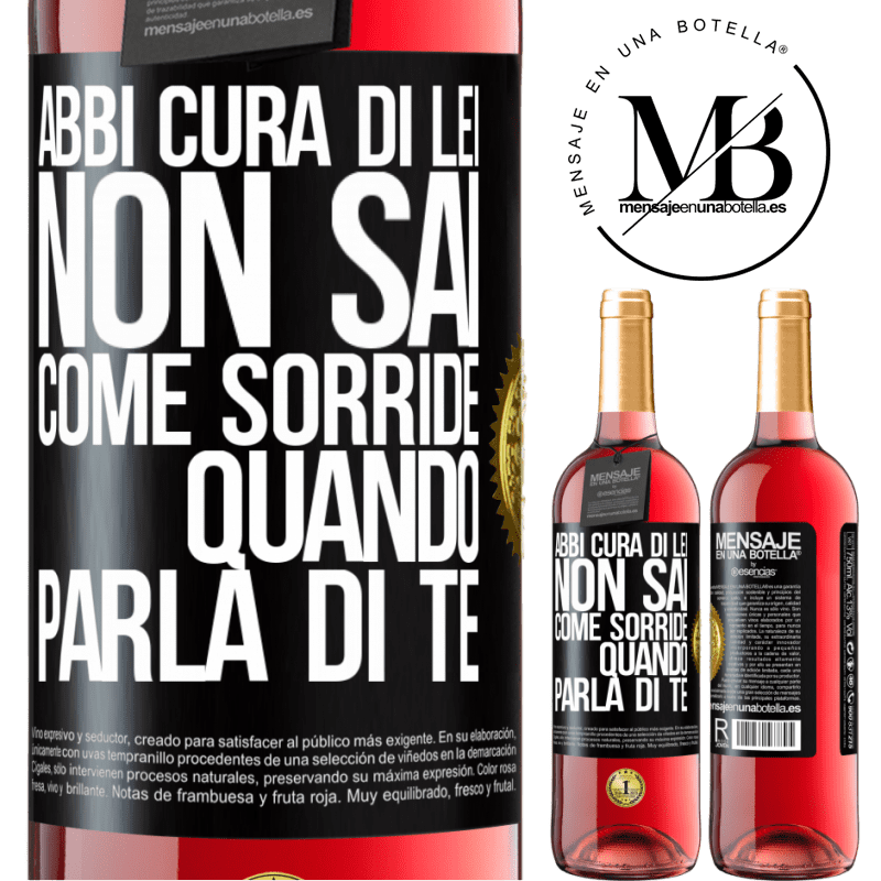 29,95 € Spedizione Gratuita | Vino rosato Edizione ROSÉ Abbi cura di lei. Non sai come sorride quando parla di te Etichetta Nera. Etichetta personalizzabile Vino giovane Raccogliere 2024 Tempranillo