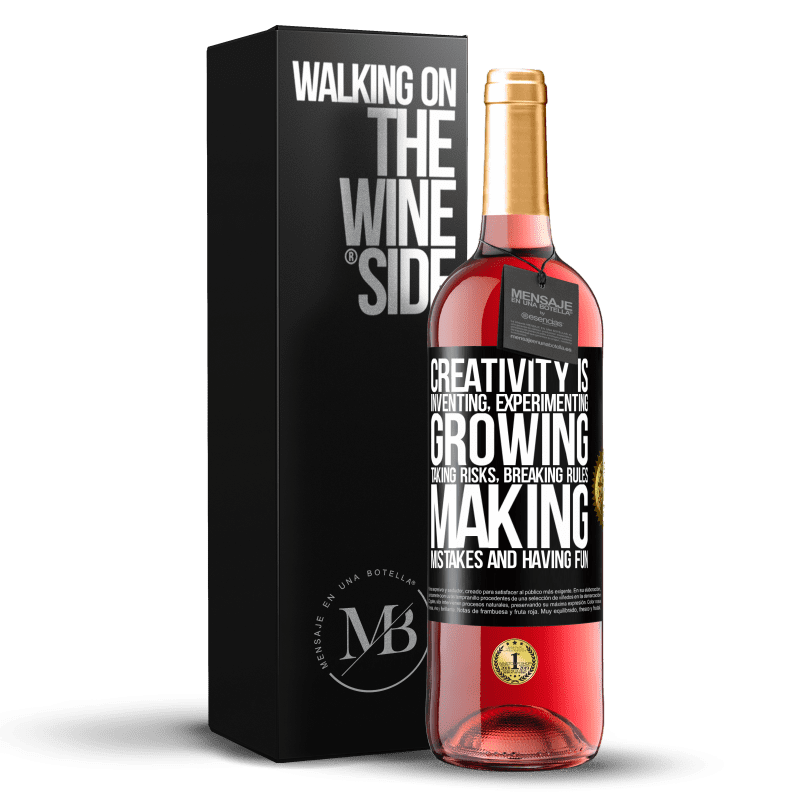 29,95 € Free Shipping | Rosé Wine ROSÉ Edition Creativity is inventing, experimenting, growing, taking risks, breaking rules, making mistakes, and having fun Black Label. Customizable label Young wine Harvest 2023 Tempranillo