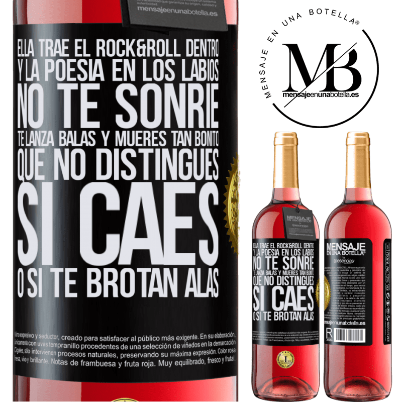 29,95 € Envío gratis | Vino Rosado Edición ROSÉ Ella trae el Rock&Roll dentro y la poesía en los labios. No te sonríe, te lanza balas, y mueres tan bonito, que no Etiqueta Negra. Etiqueta personalizable Vino joven Cosecha 2025 Tempranillo