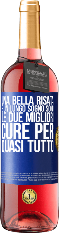 29,95 € | Vino rosato Edizione ROSÉ Una bella risata e un lungo sogno sono le due migliori cure per quasi tutto Etichetta Blu. Etichetta personalizzabile Vino giovane Raccogliere 2024 Tempranillo