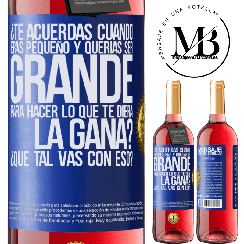 29,95 € Envío gratis | Vino Rosado Edición ROSÉ ¿Te acuerdas cuando eras pequeño y querías ser grande para hacer lo que te diera la gana? ¿Qué tal vas con eso? Etiqueta Azul. Etiqueta personalizable Vino joven Cosecha 2025 Tempranillo
