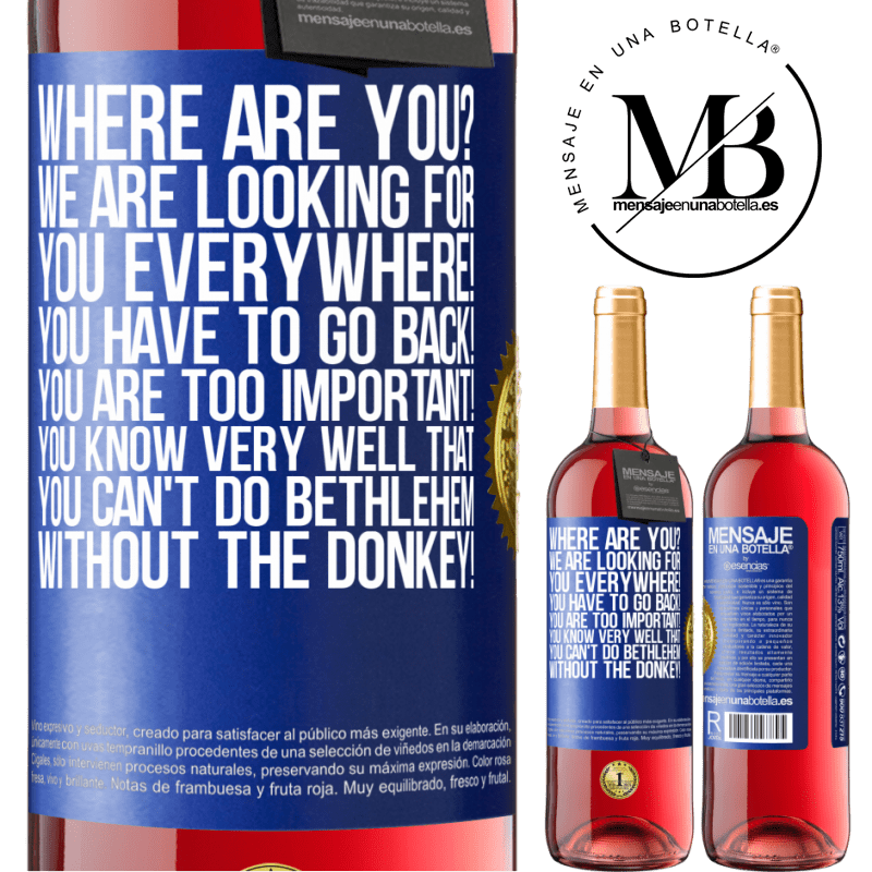 29,95 € Free Shipping | Rosé Wine ROSÉ Edition Where are you? We are looking for you everywhere! You have to go back! You are too important! You know very well that you Blue Label. Customizable label Young wine Harvest 2023 Tempranillo