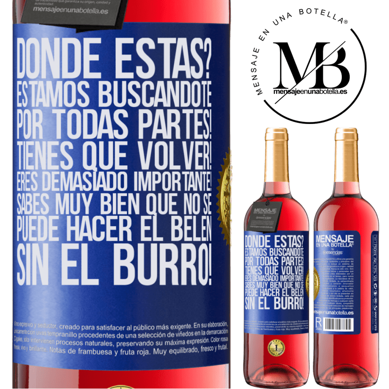 29,95 € Envío gratis | Vino Rosado Edición ROSÉ Dónde estás? Estamos buscándote por todas partes! Tienes que volver! Eres demasiado importante! Sabes muy bien que no se Etiqueta Azul. Etiqueta personalizable Vino joven Cosecha 2023 Tempranillo