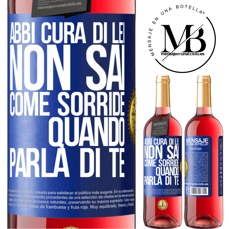 29,95 € Spedizione Gratuita | Vino rosato Edizione ROSÉ Abbi cura di lei. Non sai come sorride quando parla di te Etichetta Blu. Etichetta personalizzabile Vino giovane Raccogliere 2024 Tempranillo