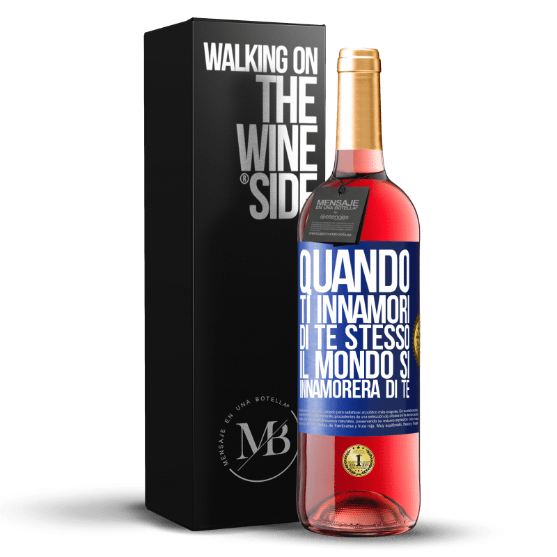 29,95 € Spedizione Gratuita | Vino rosato Edizione ROSÉ Quando ti innamori di te stesso, il mondo si innamorerà di te Etichetta Blu. Etichetta personalizzabile Vino giovane Raccogliere 2025 Tempranillo