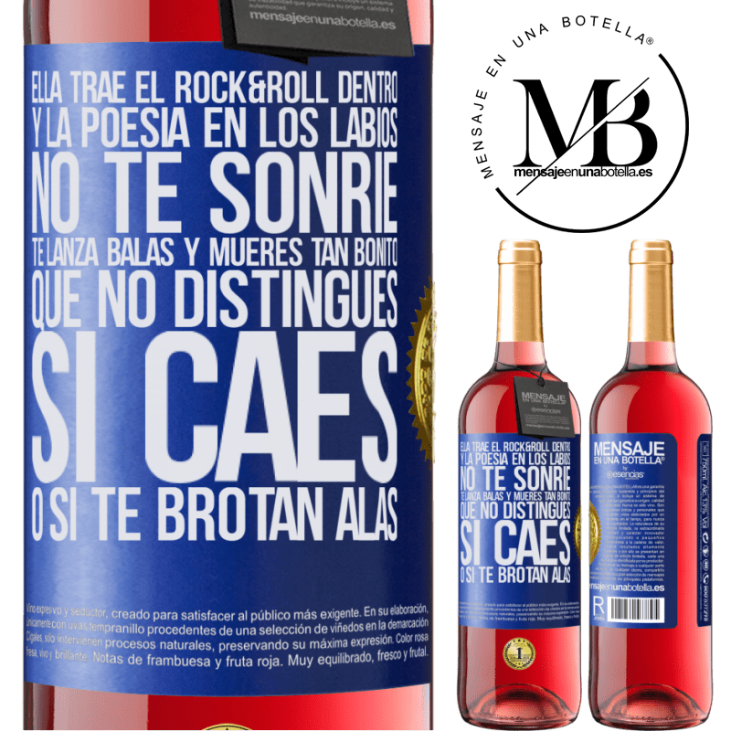 29,95 € Envío gratis | Vino Rosado Edición ROSÉ Ella trae el Rock&Roll dentro y la poesía en los labios. No te sonríe, te lanza balas, y mueres tan bonito, que no Etiqueta Azul. Etiqueta personalizable Vino joven Cosecha 2023 Tempranillo