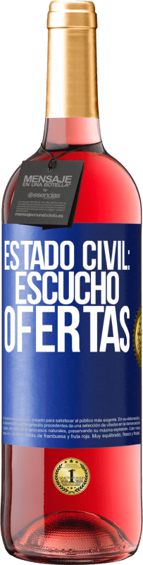 Envío gratis | Vino Rosado Edición ROSÉ Estado civil: escucho ofertas Etiqueta Azul. Etiqueta personalizable Vino joven Cosecha 2023 Tempranillo