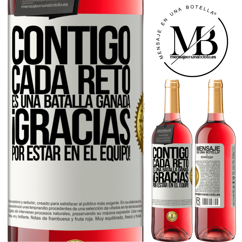 29,95 € Envío gratis | Vino Rosado Edición ROSÉ Contigo cada reto es una batalla ganada. Gracias por estar en el equipo! Etiqueta Blanca. Etiqueta personalizable Vino joven Cosecha 2024 Tempranillo