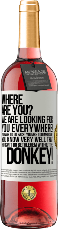 29,95 € Free Shipping | Rosé Wine ROSÉ Edition Where are you? We are looking for you everywhere! You have to go back! You are too important! You know very well that you White Label. Customizable label Young wine Harvest 2025 Tempranillo
