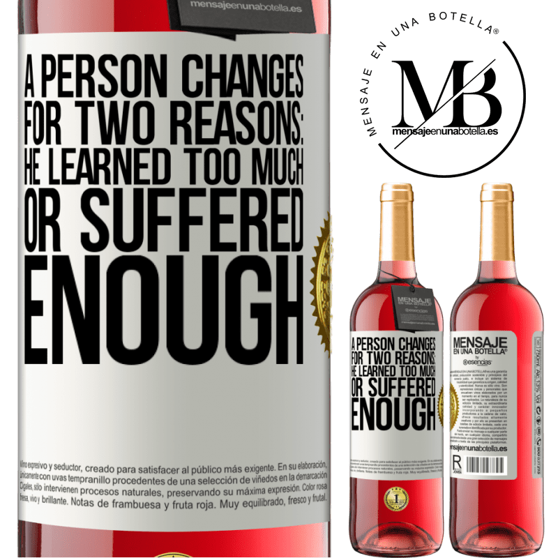 29,95 € Free Shipping | Rosé Wine ROSÉ Edition A person changes for two reasons: he learned too much or suffered enough White Label. Customizable label Young wine Harvest 2021 Tempranillo