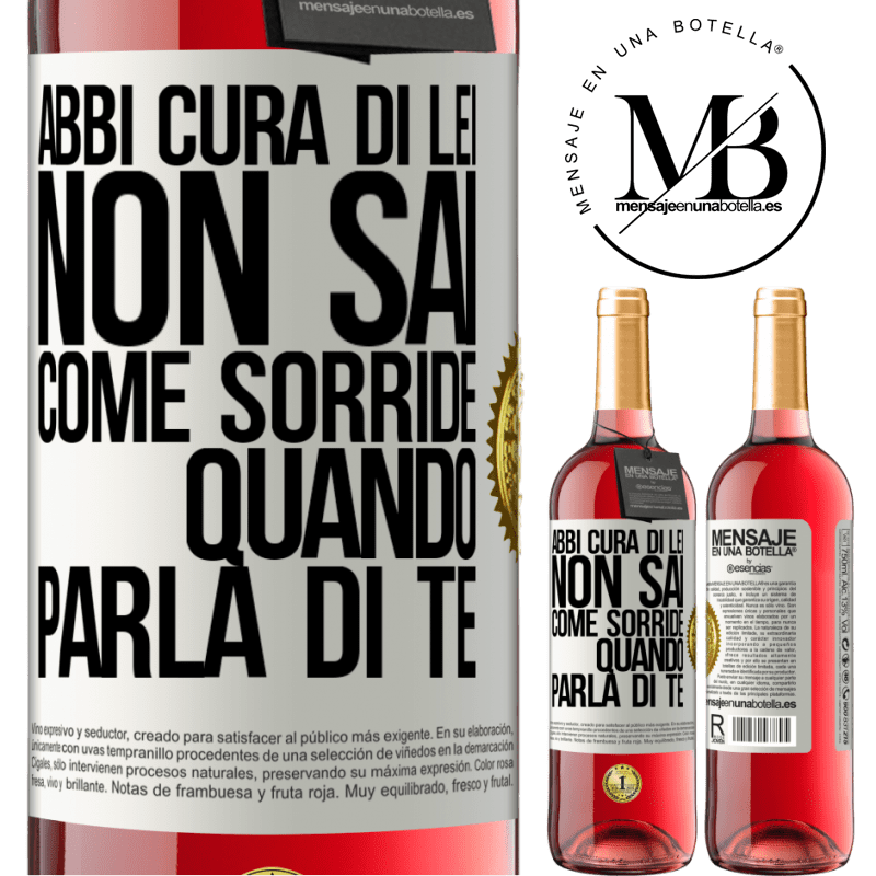29,95 € Spedizione Gratuita | Vino rosato Edizione ROSÉ Abbi cura di lei. Non sai come sorride quando parla di te Etichetta Bianca. Etichetta personalizzabile Vino giovane Raccogliere 2024 Tempranillo