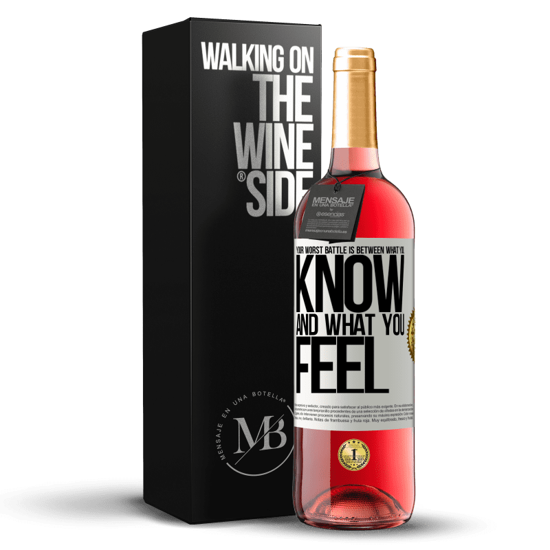29,95 € Бесплатная доставка | Розовое вино Издание ROSÉ Твоя худшая битва - между тем, что ты знаешь, и тем, что чувствуешь Белая этикетка. Настраиваемая этикетка Молодое вино Урожай 2025 Tempranillo
