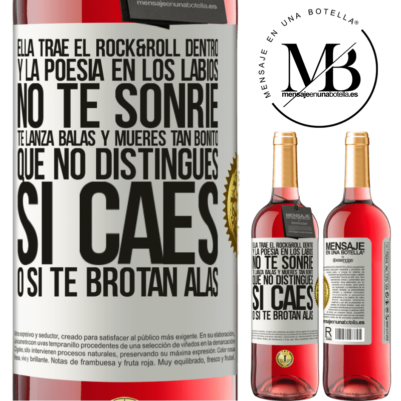 29,95 € Envío gratis | Vino Rosado Edición ROSÉ Ella trae el Rock&Roll dentro y la poesía en los labios. No te sonríe, te lanza balas, y mueres tan bonito, que no Etiqueta Blanca. Etiqueta personalizable Vino joven Cosecha 2023 Tempranillo