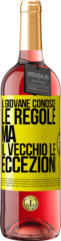 29,95 € | Vino rosato Edizione ROSÉ Il giovane conosce le regole, ma il vecchio le eccezioni Etichetta Gialla. Etichetta personalizzabile Vino giovane Raccogliere 2024 Tempranillo