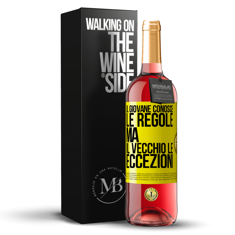 29,95 € Spedizione Gratuita | Vino rosato Edizione ROSÉ Il giovane conosce le regole, ma il vecchio le eccezioni Etichetta Gialla. Etichetta personalizzabile Vino giovane Raccogliere 2024 Tempranillo