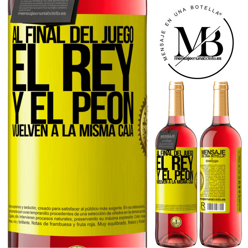 29,95 € Envío gratis | Vino Rosado Edición ROSÉ Al final del juego, el rey y el peón vuelven a la misma caja Etiqueta Amarilla. Etiqueta personalizable Vino joven Cosecha 2023 Tempranillo