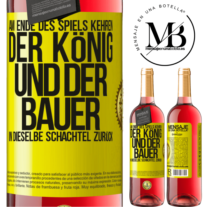 29,95 € Kostenloser Versand | Roséwein ROSÉ Ausgabe Am Ende des Spiels kehren der König und der Bauer in dieselbe Schachtel zurück Gelbes Etikett. Anpassbares Etikett Junger Wein Ernte 2023 Tempranillo