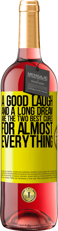 29,95 € | Розовое вино Издание ROSÉ Хороший смех и долгий сон - два лучших лекарства практически для всего Желтая этикетка. Настраиваемая этикетка Молодое вино Урожай 2023 Tempranillo
