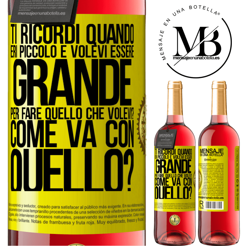 29,95 € Spedizione Gratuita | Vino rosato Edizione ROSÉ ti ricordi quando eri piccolo e volevi essere grande per fare quello che volevi? Come va con quello? Etichetta Gialla. Etichetta personalizzabile Vino giovane Raccogliere 2024 Tempranillo