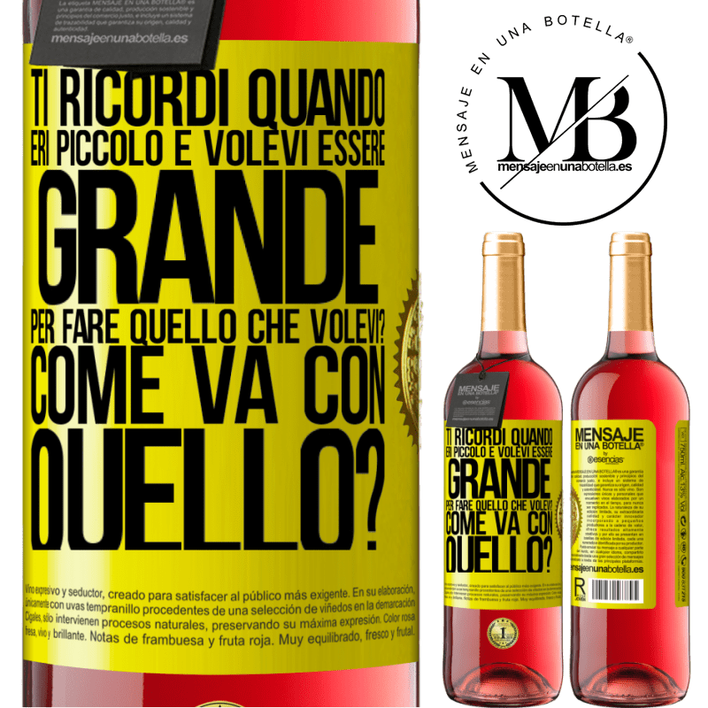 29,95 € Spedizione Gratuita | Vino rosato Edizione ROSÉ ti ricordi quando eri piccolo e volevi essere grande per fare quello che volevi? Come va con quello? Etichetta Gialla. Etichetta personalizzabile Vino giovane Raccogliere 2025 Tempranillo