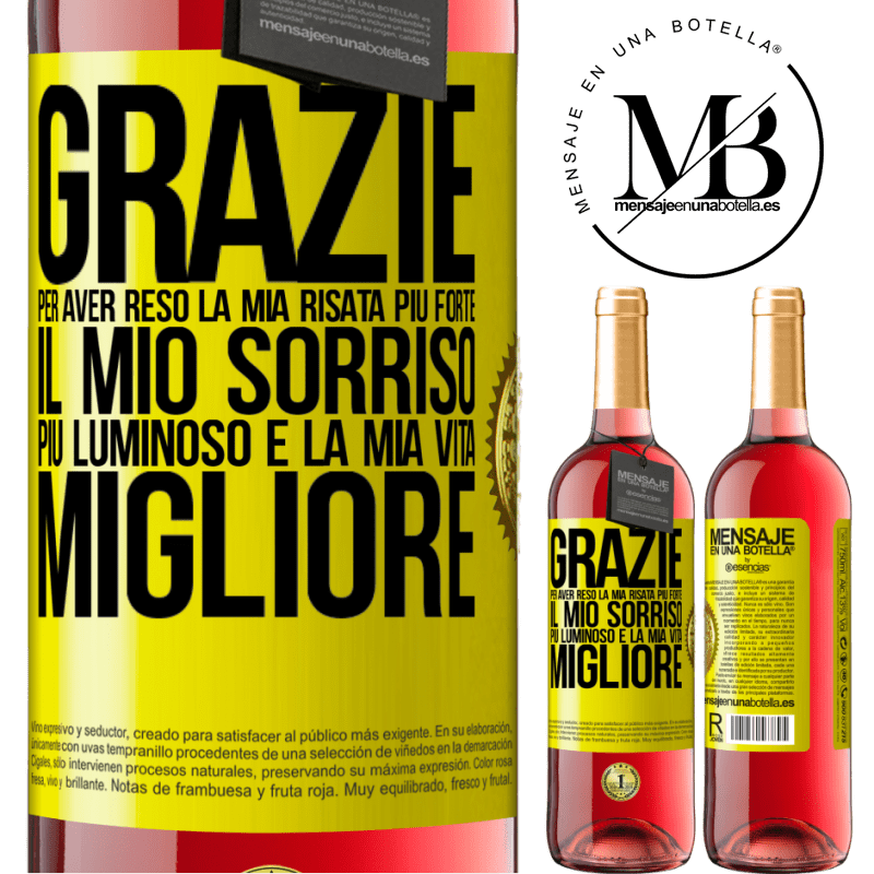 29,95 € Spedizione Gratuita | Vino rosato Edizione ROSÉ Grazie per aver reso la mia risata più forte, il mio sorriso più luminoso e la mia vita migliore Etichetta Gialla. Etichetta personalizzabile Vino giovane Raccogliere 2023 Tempranillo