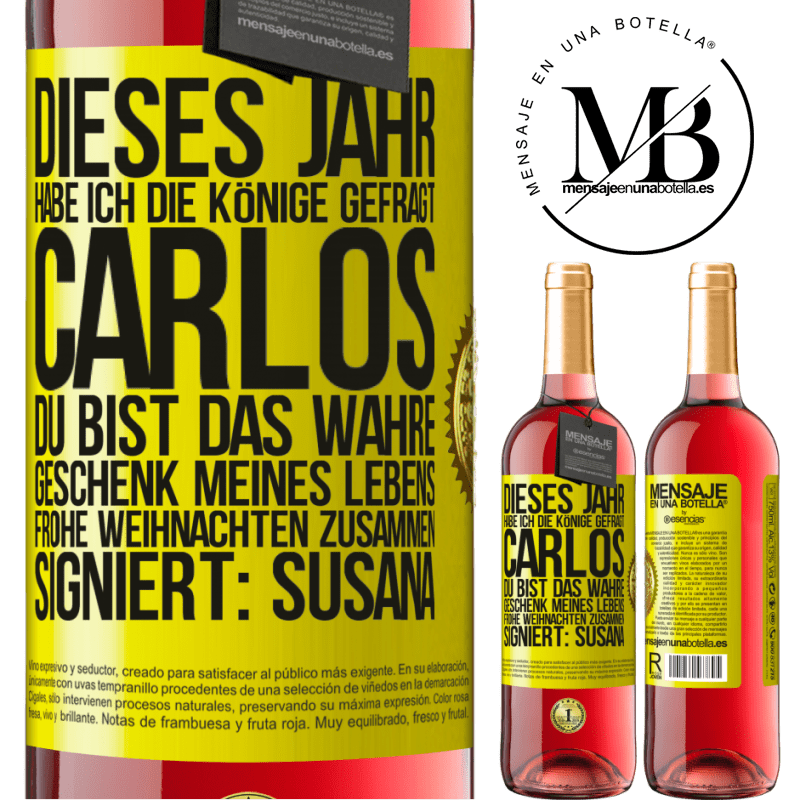 29,95 € Kostenloser Versand | Roséwein ROSÉ Ausgabe Dieses Jahr habe ich die heiligen Könige um dich gebeten, Carlos, du bist das wahre Geschenk meines Lebens. Frohe Weihnachten zu Gelbes Etikett. Anpassbares Etikett Junger Wein Ernte 2024 Tempranillo
