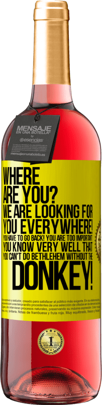 29,95 € Free Shipping | Rosé Wine ROSÉ Edition Where are you? We are looking for you everywhere! You have to go back! You are too important! You know very well that you Yellow Label. Customizable label Young wine Harvest 2025 Tempranillo