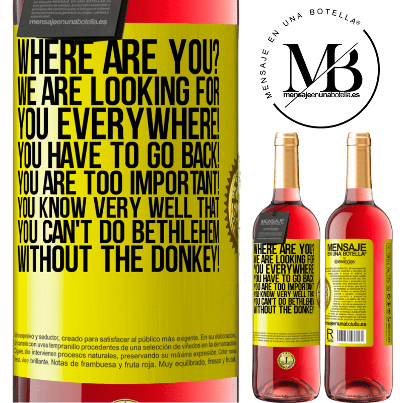 29,95 € Free Shipping | Rosé Wine ROSÉ Edition Where are you? We are looking for you everywhere! You have to go back! You are too important! You know very well that you Yellow Label. Customizable label Young wine Harvest 2021 Tempranillo