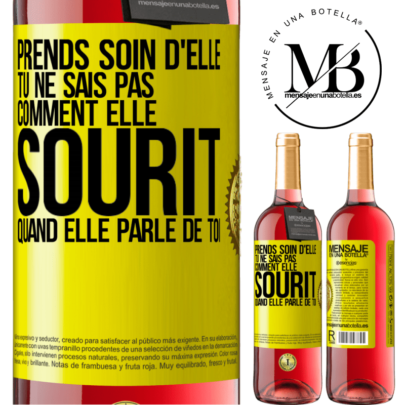 29,95 € Envoi gratuit | Vin rosé Édition ROSÉ Prends soin d'elle. Tu ne sais pas comment elle sourit quand elle parle de toi Étiquette Jaune. Étiquette personnalisable Vin jeune Récolte 2024 Tempranillo