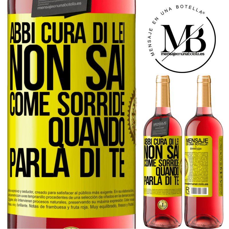29,95 € Spedizione Gratuita | Vino rosato Edizione ROSÉ Abbi cura di lei. Non sai come sorride quando parla di te Etichetta Gialla. Etichetta personalizzabile Vino giovane Raccogliere 2024 Tempranillo