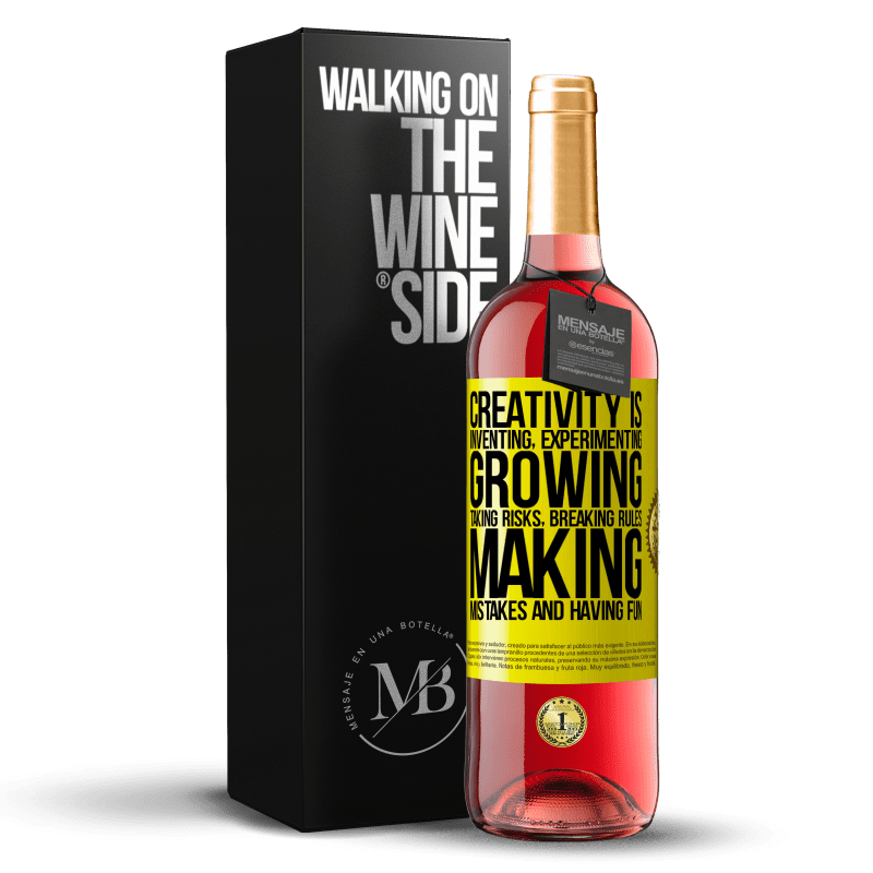 29,95 € Free Shipping | Rosé Wine ROSÉ Edition Creativity is inventing, experimenting, growing, taking risks, breaking rules, making mistakes, and having fun Yellow Label. Customizable label Young wine Harvest 2022 Tempranillo