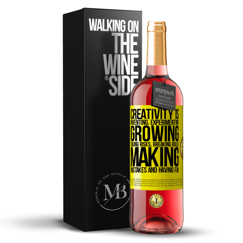 29,95 € Free Shipping | Rosé Wine ROSÉ Edition Creativity is inventing, experimenting, growing, taking risks, breaking rules, making mistakes, and having fun Yellow Label. Customizable label Young wine Harvest 2024 Tempranillo