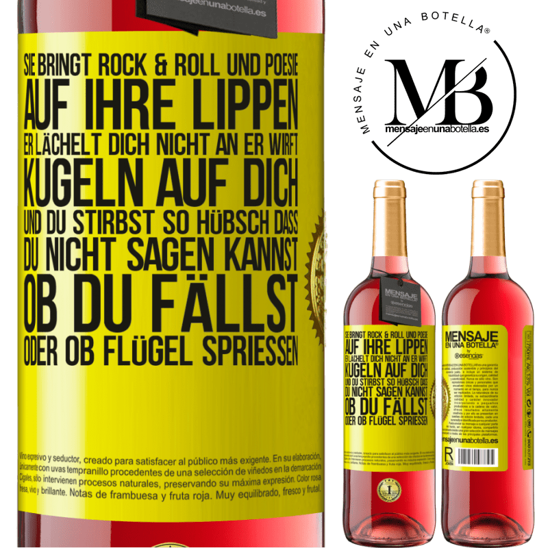 29,95 € Kostenloser Versand | Roséwein ROSÉ Ausgabe Sie hat Rock & Roll in ihr und Poesie auf ihre Lippen. Sie lächelt dich nicht an, sie wirft Kugeln auf dich und du stirbst so sc Gelbes Etikett. Anpassbares Etikett Junger Wein Ernte 2023 Tempranillo