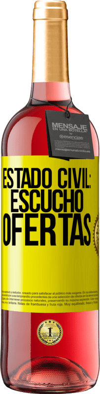 Envío gratis | Vino Rosado Edición ROSÉ Estado civil: escucho ofertas Etiqueta Amarilla. Etiqueta personalizable Vino joven Cosecha 2023 Tempranillo