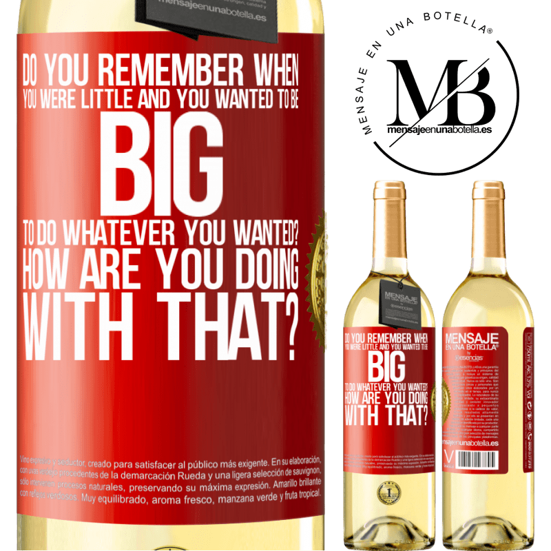 29,95 € Free Shipping | White Wine WHITE Edition do you remember when you were little and you wanted to be big to do whatever you wanted? How are you doing with that? Red Label. Customizable label Young wine Harvest 2024 Verdejo