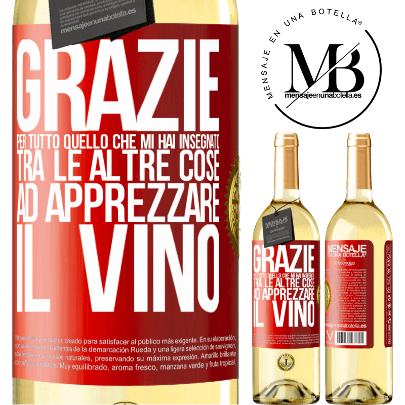 29,95 € Spedizione Gratuita | Vino bianco Edizione WHITE Grazie per tutto quello che mi hai insegnato, tra le altre cose, ad apprezzare il vino Etichetta Rossa. Etichetta personalizzabile Vino giovane Raccogliere 2023 Verdejo