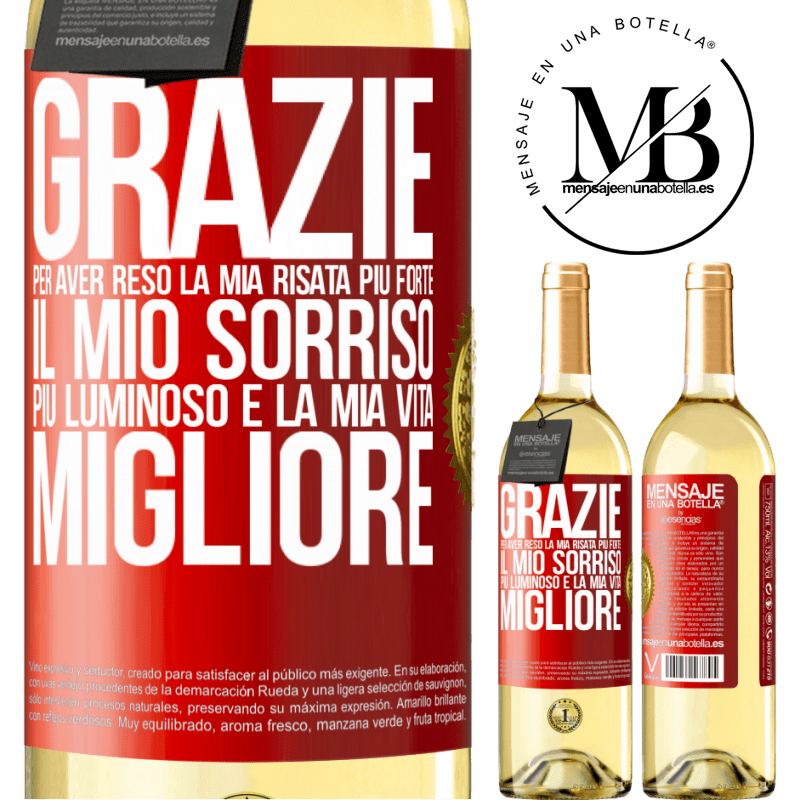 29,95 € Spedizione Gratuita | Vino bianco Edizione WHITE Grazie per aver reso la mia risata più forte, il mio sorriso più luminoso e la mia vita migliore Etichetta Rossa. Etichetta personalizzabile Vino giovane Raccogliere 2023 Verdejo