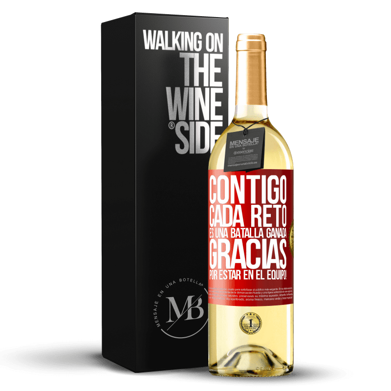 29,95 € Envío gratis | Vino Blanco Edición WHITE Contigo cada reto es una batalla ganada. Gracias por estar en el equipo! Etiqueta Roja. Etiqueta personalizable Vino joven Cosecha 2024 Verdejo