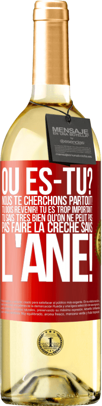 29,95 € | Vin blanc Édition WHITE Où es-tu? Nous te cherchons partout! Tu dois revenir! Tu es trop important! Tu sais très bien qu'on ne peut pas pas faire la crè Étiquette Rouge. Étiquette personnalisable Vin jeune Récolte 2024 Verdejo