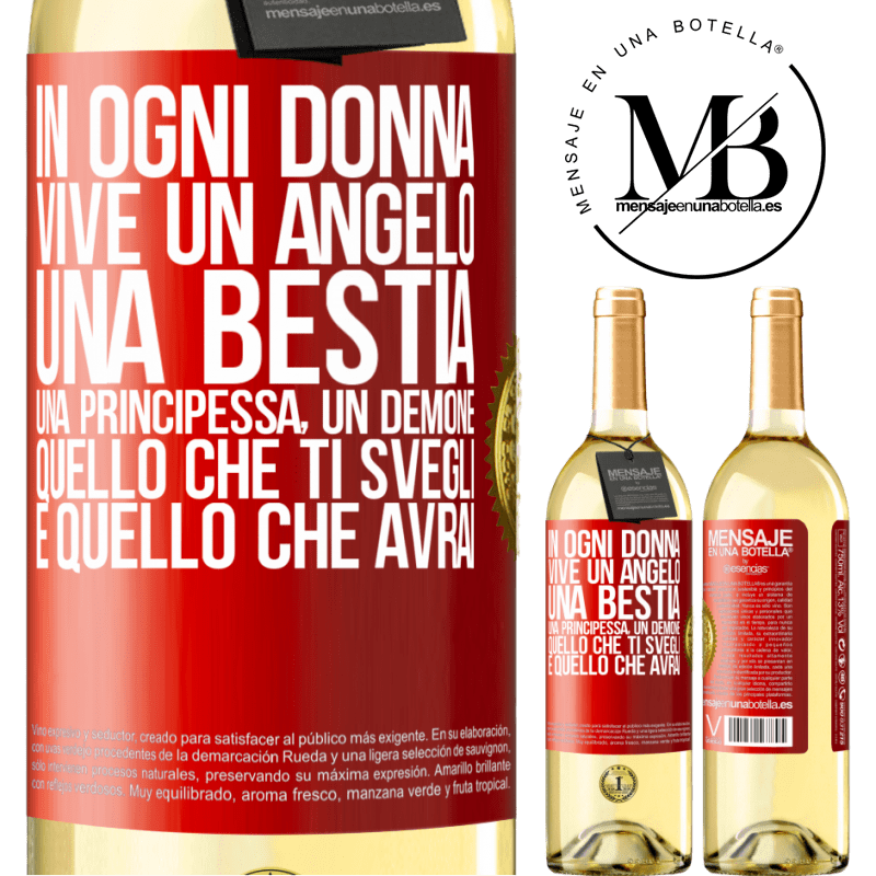 29,95 € Spedizione Gratuita | Vino bianco Edizione WHITE In ogni donna vive un angelo, una bestia, una principessa, un demone. Quello che ti svegli è quello che avrai Etichetta Rossa. Etichetta personalizzabile Vino giovane Raccogliere 2024 Verdejo